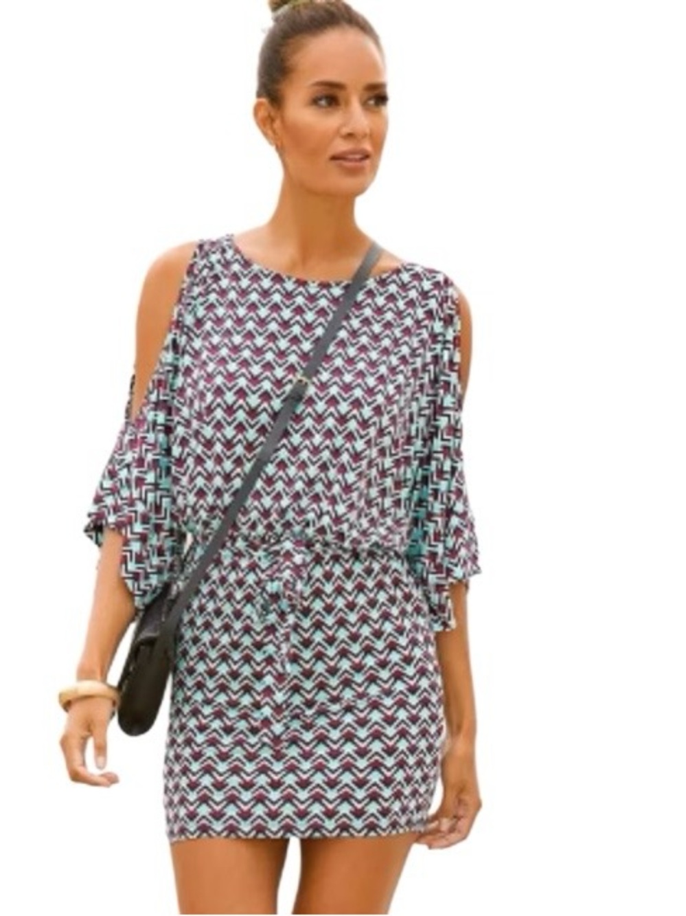 Lascana Cold Shoulder Mini Dress Geometric‎ Turquoise/Burgundy Print Belted Sz 8